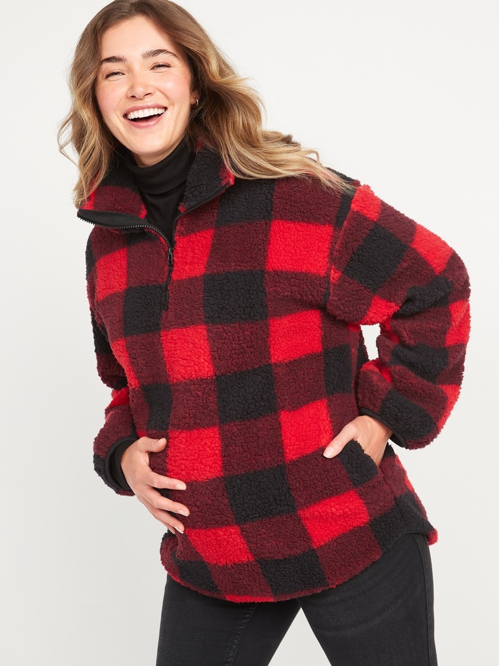 Old Navy Maternity Sherpa Half-Zip Pullover in Red Buffalo Plaid